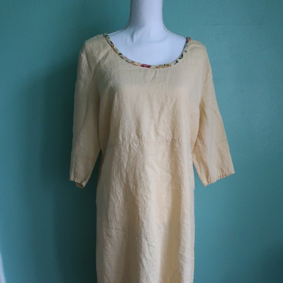 Hearts' Desire Dresses & Skirts - Pale Yellow Linen Prairie Shift Dress with Floral Accents